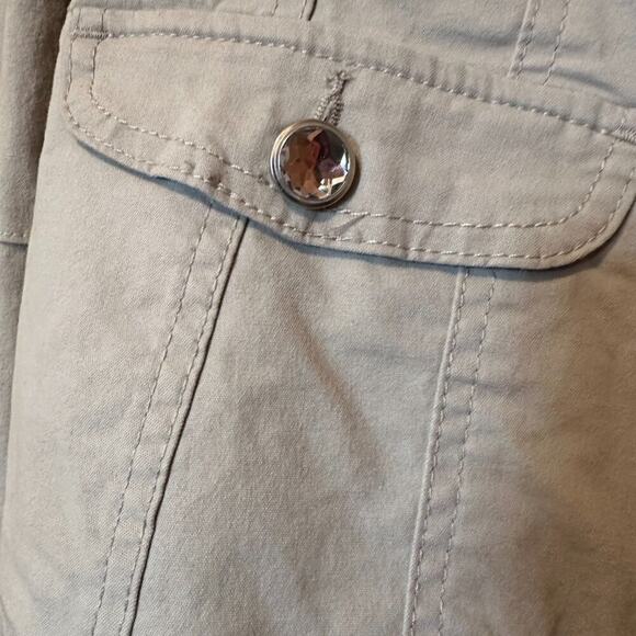 Fitted Ruffle Beige Khaki Jacket Clear Rhinestone Gem Button Up - Size M - Picture 4 of 15